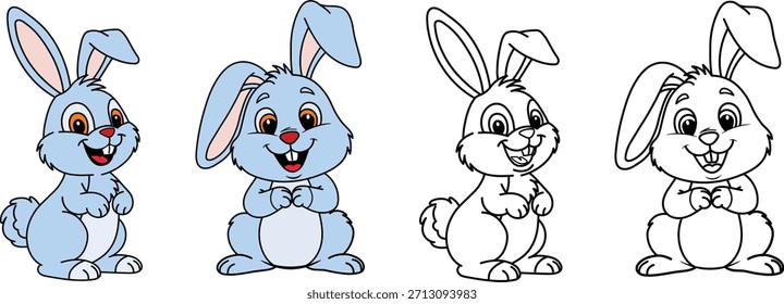 Cute cartoon easter bunnies in a mixed colored and line-art style forming a friendly four-figure lineup for festive designs