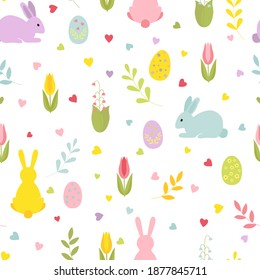 Dibujo lindo conejillos de Pascua con flores de tiburón, corazones. Patrón vectorial de colores vivos y sin costura en un estilo plano.
