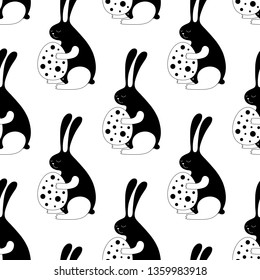 Cute cartoon Easter bunny background with bunny and Easter egg. Sweet vector black and white Easter bunny background. Seamless monochrome Easter bunny background for textile, wallpapers and cards.