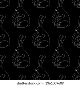 Cute cartoon Easter bunny background with bunny and Easter egg. Sweet vector black and white Easter bunny background. Seamless monochrome Easter bunny background for textile, wallpapers and cards.