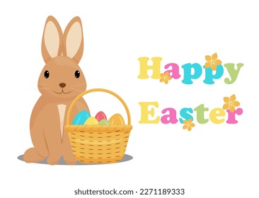 Cute cartoon Easter bunny with basket and eggs. Happy Easter text. Vector illustration
