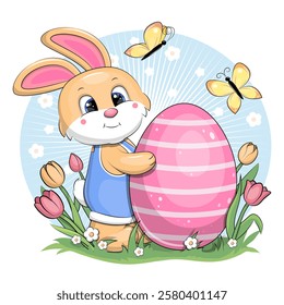 Cute cartoon Easter bunny with a big pink egg. Holiday vector illustration of an animal with flowers and butterflies on a blue background.