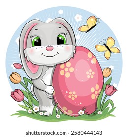 Cute cartoon Easter bunny with a big egg. Holiday vector illustration of an animal with flowers and butterflies on a blue background.