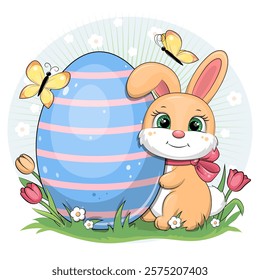 Cute cartoon Easter bunny with a blue egg. Holiday vector illustration of an animal with flowers and butterflies on a blue background.