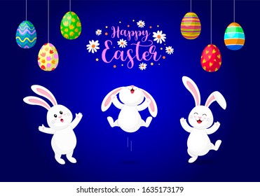 Cute cartoon Easter bunny, character design. Three  different poses with Easter egg. Easter holiday concept. Vector illustration isolated on blue background.