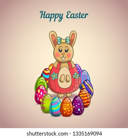 Cute cartoon easter bunny with colorfull eggs