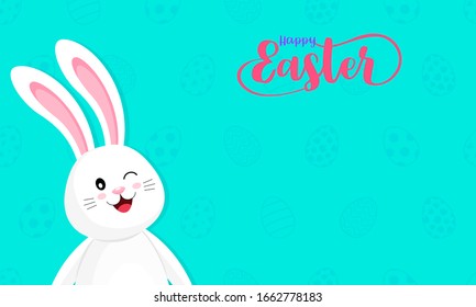 Cute cartoon Easter bunny with copyspace. Happy Easter day concept. Vector illustration isolated on blue background.