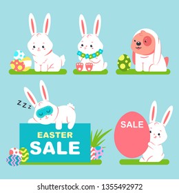 Cute cartoon Easter bunny and dog with colorful eggs. Vector cartoon funny animals characters set isolated on background.