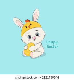 Cute cartoon easter bunny with egg.Easter card.Happy Easter.Vector illustration