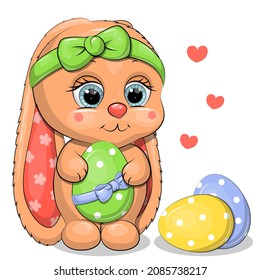 Cute cartoon Easter bunny with eggs. Vector illustration of an animal on a white background.