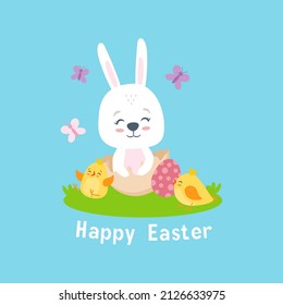 cute cartoon easter bunny with easter eggs and chickens