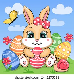 A cute cartoon Easter bunny with Easter eggs. Festive vector illustration of an animal with eggs, flowers and a butterfly on a blue background with clouds.