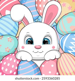A cute cartoon Easter bunny with Easter eggs. Festive vector illustration of an animal with many eggs.