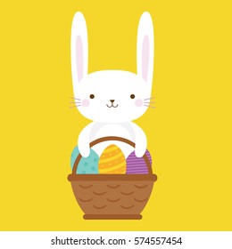 Cute cartoon  Easter bunny with eggs vector illustration.