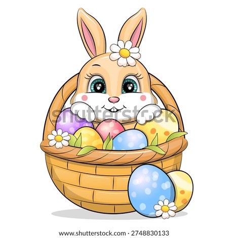 A cute cartoon Easter bunny with Easter eggs in the Basket. Festive vector illustration on white background.