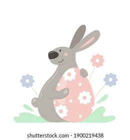 Cute cartoon Easter bunny with floral egg. Funny rabbit between flowers. 