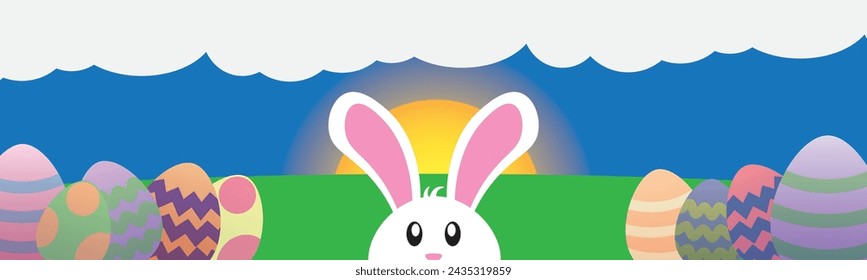 Cute Cartoon Easter Bunny In Front Of Hill Sunset With Pastel Easter Eggs. Pink, Blue, Purple, Green, Yellow, Orange. Puffy White Clouds. Big Rabbit Ears