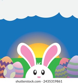 Cute Cartoon Easter Bunny In Front Of Hill Sunset With Pastel Easter Eggs. Pink, Blue, Purple, Green, Yellow, Orange. Puffy White Clouds. Big Rabbit Ears