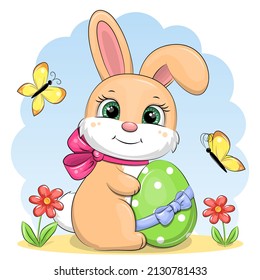 Cute cartoon easter bunny with a green egg. Holiday vector illustration of an animal with flowers and butterflies on a blue background.