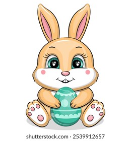 Cute cartoon Easter bunny with a green easter egg. Vector illustration of an animal on a white background.