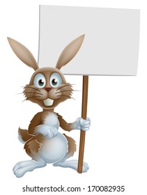 A cute cartoon Easter bunny holding a sign