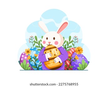 Un lindo conejito de dibujos animados de Pascua sostiene un huevo adornado de Pascua mientras está rodeado por un hermoso fondo de primavera floral y colorido de huevo de Pascua.
Adecuado para tarjeta de saludo, postal, banner, impresión, etc
