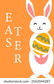 Cute cartoon easter bunny holding decorated egg on orange background. Easter card modern design