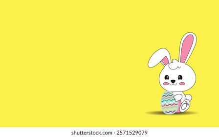 A Cute Cartoon Easter Bunny Holding a Colorful Easter Egg, Sitting on a Yellow Background with Room for Text or Design