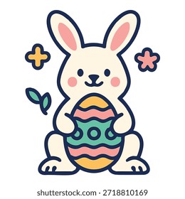 Um bonito coelho de Páscoa de desenho animado segurando um ovo colorido decorado com pequenas flores e folhas ao redor dele.