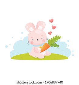 Cute cartoon Easter bunny loves his carrot. Vector illustration.