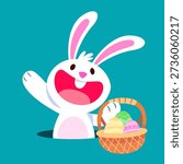 Cute cartoon Easter bunny popping out of a hole with a basket full of colorful Easter eggs. Perfect for kids designs, Easter celebrations, holiday projects, stickers, and playful illustration elements.

