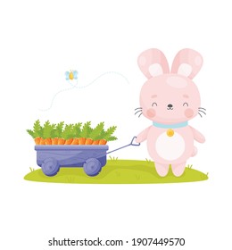 Cute cartoon Easter bunny pulls the cart full of carrots. Vector illustration.