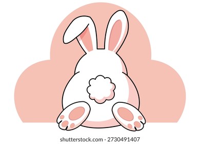 Cute cartoon Easter bunny rear end with fluffy tail and pink ears, simple illustration