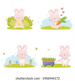 Cute cartoon Easter bunny set. Vector illustration.