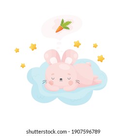 Cute cartoon Easter bunny sleeping on the fluffy cloud and dreams about a carrot. Vector illustration.