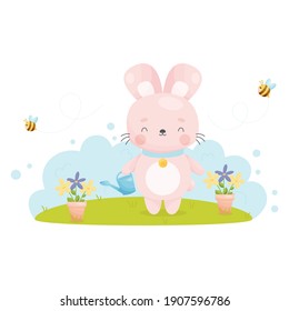 Cute cartoon Easter bunny watering flowers from a watering can. Vector illustration.