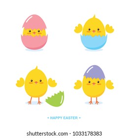 Cute cartoon easter chicks in colored egg shells vector illustration set