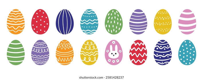 Cute cartoon easter egg decorated with dots, stripe, line, ornaments or Easter design. doodle colorful egg Easter set. Vector illustration