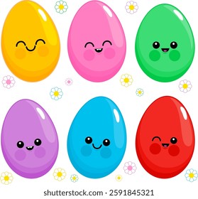 Cute cartoon Easter egg set. Candy chocolate eggs, painted Easter egg characters for traditional holiday celebration. Vector illustration