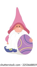Cute cartoon easter gnome with egg flat icon. Vector illustration