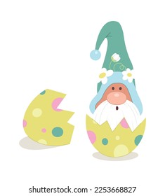 Cute cartoon easter gnome in egg flat icon. Vector illustration