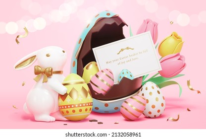 Cute cartoon Easter illustration. 3d composition of tulip flowers, greeting card, cute porcelain rabbit decoration, and large chocolate egg full of little foiled eggs. Concept of surprise gifts.