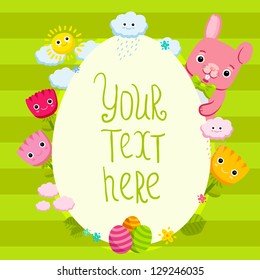 Cute cartoon Easter illustration with bunny, flowers, clouds and eggs