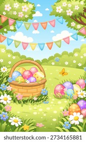 Cute cartoon Easter landscape. Vector illustration with basket and Easter eggs, flowers, trees, grass, butterfly. 