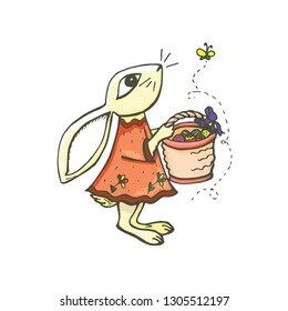 Cute cartoon Easter rabbit with basket and eggs. Egg hunt. Girl bunny in dress with festive backet isolated on white background. Female easter character, hand drawn vector illustration