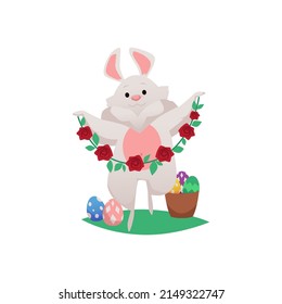 Cute cartoon Easter rabbit jumps with flower garland in its paws isolated on white background. Vector illustration with fluffy bunny, basket with Easter colored eggs for congratulations or decoration