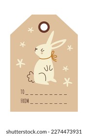 Cute cartoon easter rabbit tag flat icon. Vector illustration