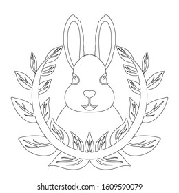 Cute cartoon Easter rabbit with wreath. print coloring book for adult and child , textile, wallpaper, banner, fabric, web, scrapbook, cover of notebook. Easter Vector Illustration with Bunny. outline