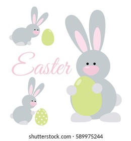 Cute cartoon easter rabbits. Bunny holding an egg, paints an egg, looking at an egg