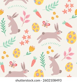 Cute cartoon Easter seamless pattern with Easter bunny and eggs. Vector background